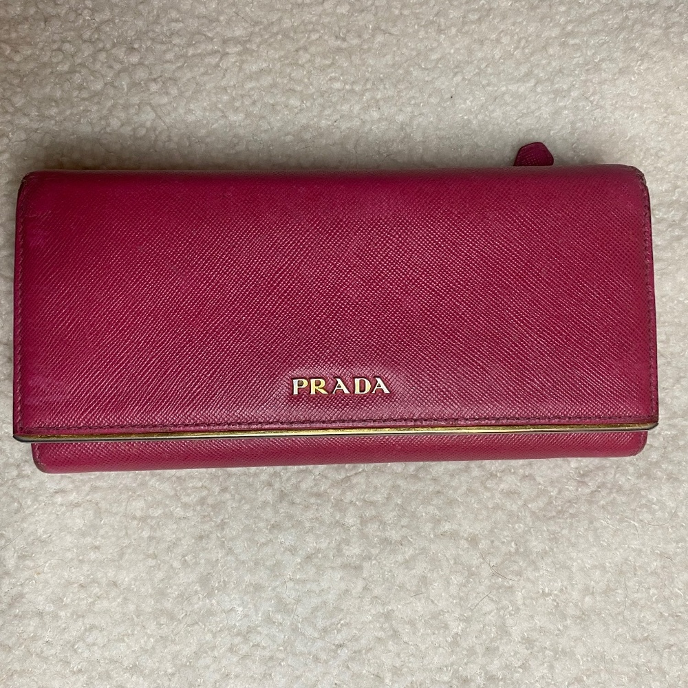 Prada Hot Pink Gold Logo Saffiano Leather Long Wallet Bar Flap Continental